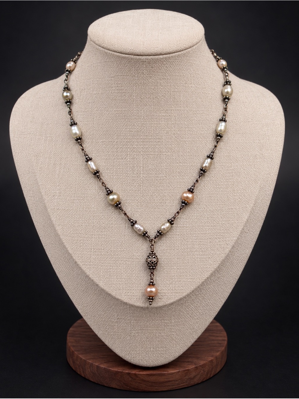 Vintage Style Antiqued Silver & Freshwater Pearl Y-Drop Necklace